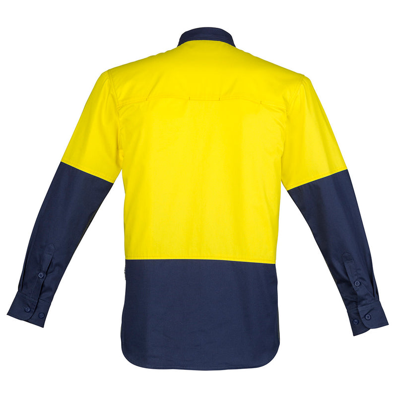 Load image into Gallery viewer, Syzmik Hi Vis Closed Front L/S Work Shirt, featuring a half-button design, two chest pockets with button closures, and mesh vent inserts for breathability, ideal for workplace safety and durability.