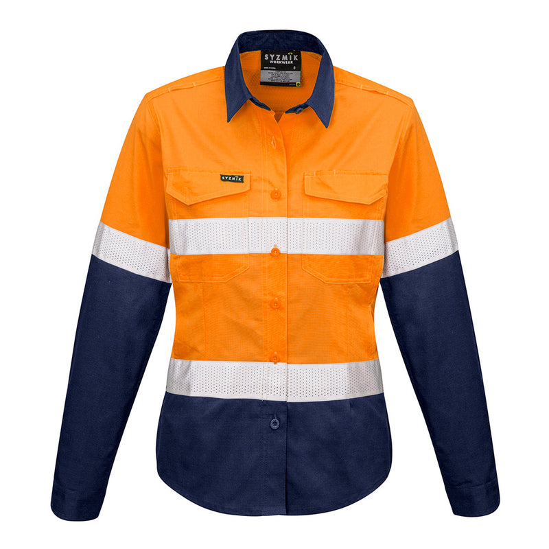 Load image into Gallery viewer, Syzmik Womens Rugged Cooling Taped Work Shirt with long sleeves, featuring mesh venting and reflective tape for breathability, tailored fit with chest pockets, ideal for workplace safety and comfort.