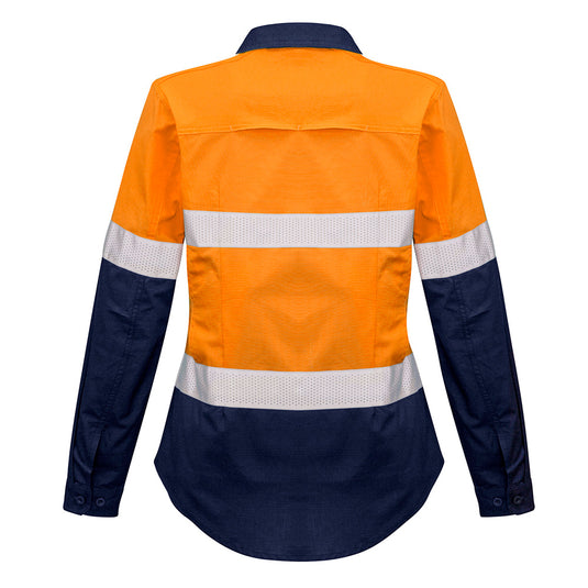 Syzmik Womens Rugged Cooling Taped Work Shirt, featuring mesh venting for breathability and tailored fit, highlighted by chest pockets with pen partition, ideal for active work environments.