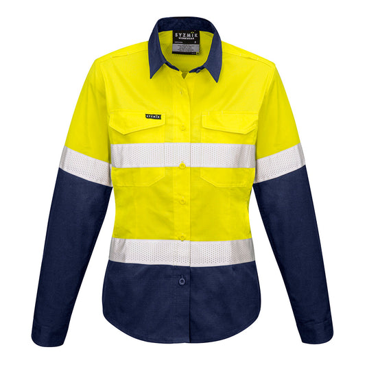 Syzmik Womens Rugged Cooling Taped Work Shirt, featuring breathable mesh venting, tailored feminine fit, and reflective tape. Designed for safety and comfort with two chest pockets and reinforced stress points.
