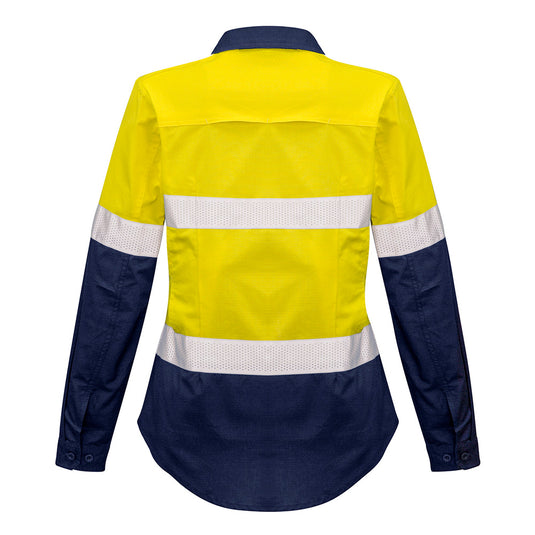 Syzmik Womens Rugged Cooling Taped Work Shirt featuring mesh venting, tailored fit, and two chest pockets with pen partition, designed for enhanced breathability and movement, ideal for active workplace settings.