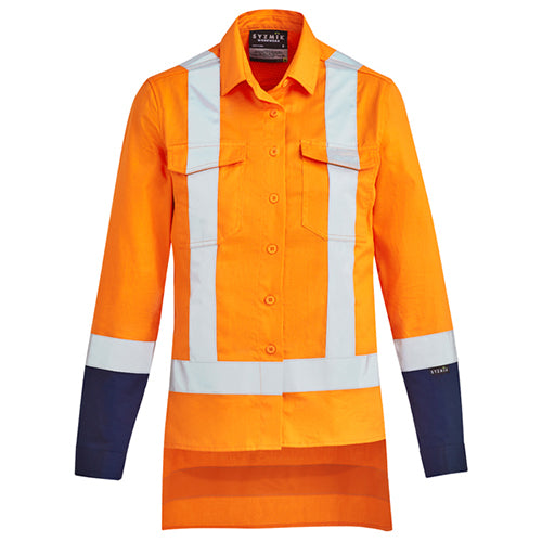 Syzmik Womens TTMC-W Cotton Work Shirt features long sleeves and a feminine fit, designed for high visibility and safety. It includes mesh vents and chest pockets, ideal for robust work environments.