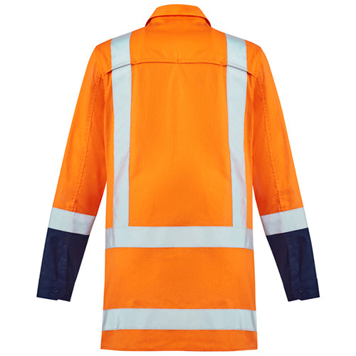 Load image into Gallery viewer, Syzmik Womens TTMC-W Cotton Work Shirt, featuring a back view showcasing mesh vent inserts for cooling and two chest pockets with pen partitions, ideal for active safety environments.