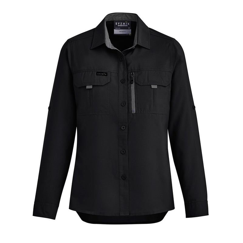 Load image into Gallery viewer, Syzmik Womens Long Sleeve Outdoor Shirt featuring breathable, crinkle-resistant fabric with roll-up tab sleeves, two chest pockets, and a modern fit, ideal for workplace safety and outdoor activities.