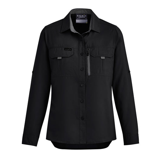 Syzmik Womens Long Sleeve Outdoor Shirt featuring breathable, crinkle-resistant fabric with roll-up tab sleeves, two chest pockets, and a modern fit, ideal for workplace safety and outdoor activities.
