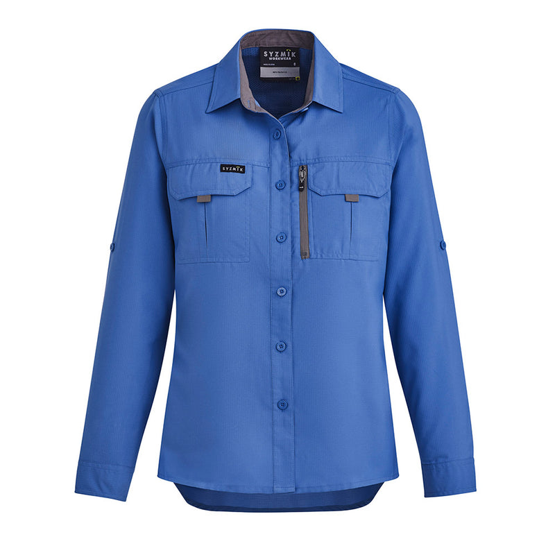 Load image into Gallery viewer, Syzmik Womens Long Sleeve Outdoor Shirt, featuring roll-up tab sleeves, two chest pockets, and a mobile phone zip pocket, designed with breathable polyester fabric and upper back venting for all-day comfort.