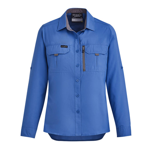 Syzmik Womens Long Sleeve Outdoor Shirt, featuring roll-up tab sleeves, two chest pockets, and a mobile phone zip pocket, designed with breathable polyester fabric and upper back venting for all-day comfort.