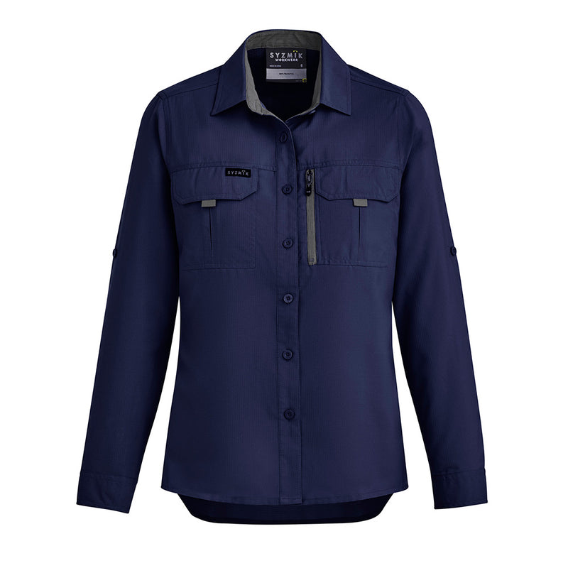 Load image into Gallery viewer, Syzmik Womens Long Sleeve Outdoor Shirt featuring roll-up tab sleeves, two chest pockets, and a mobile phone zip pocket, ideal for breathable comfort and easy packing, perfect for active outdoor safety.
