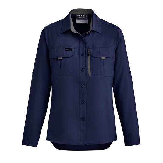 Syzmik Womens Long Sleeve Outdoor Shirt featuring roll-up tab sleeves, two chest pockets, and a mobile phone zip pocket, ideal for breathable comfort and easy packing, perfect for active outdoor safety.