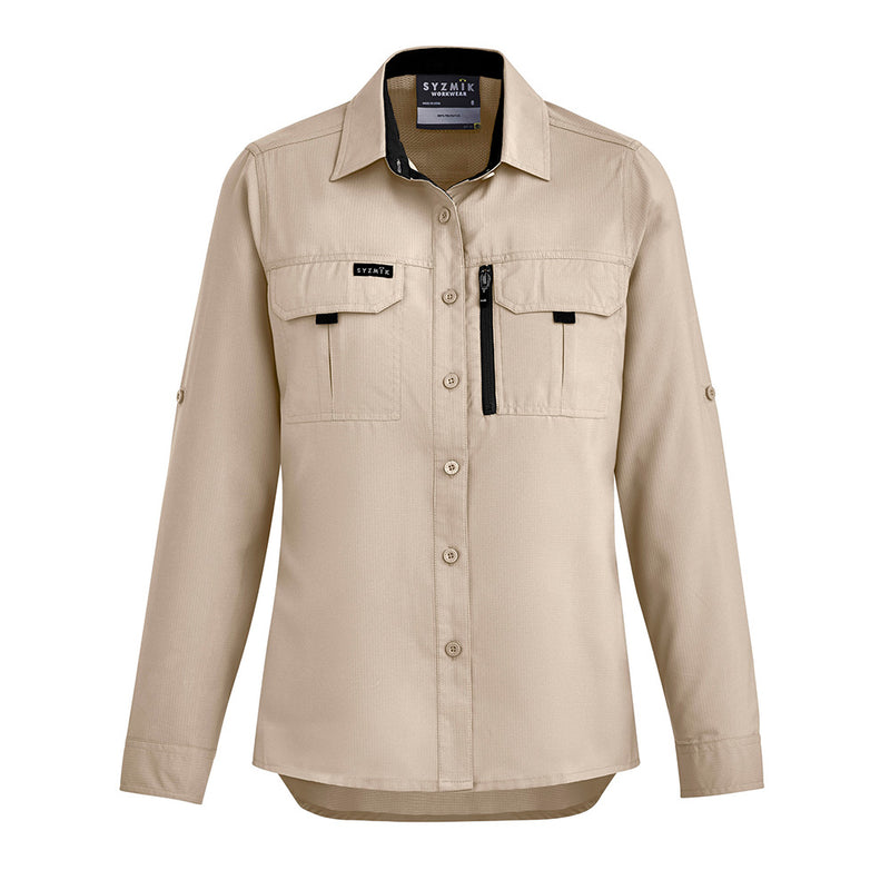 Load image into Gallery viewer, Syzmik Womens Long Sleeve Outdoor Shirt features breathable polyester ripstop fabric, roll-up tab sleeves, and multiple chest pockets, ideal for active safety environments.