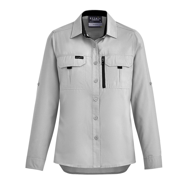 Load image into Gallery viewer, Syzmik Womens Long Sleeve Outdoor Shirt features roll-up tab sleeves, two chest pockets, and a mobile phone zip pocket, perfect for active safety needs with its breathable, lightweight, and crinkle-resistant fabric.