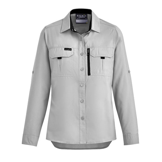 Syzmik Womens Long Sleeve Outdoor Shirt features roll-up tab sleeves, two chest pockets, and a mobile phone zip pocket, perfect for active safety needs with its breathable, lightweight, and crinkle-resistant fabric.