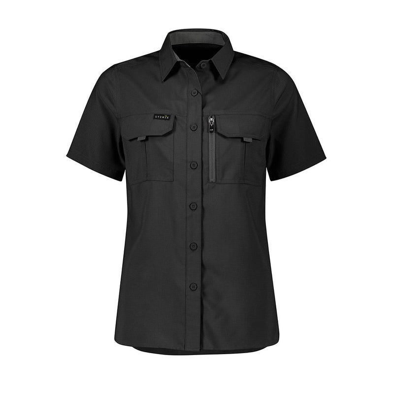 Load image into Gallery viewer, Syzmik Womens Outdoor Short Sleeve Shirt, made of lightweight polyester ripstop, features extra-large underarm mesh, upper back venting, and multiple pockets, designed for breathability and easy packing. Ideal for active, safety-focused wear.