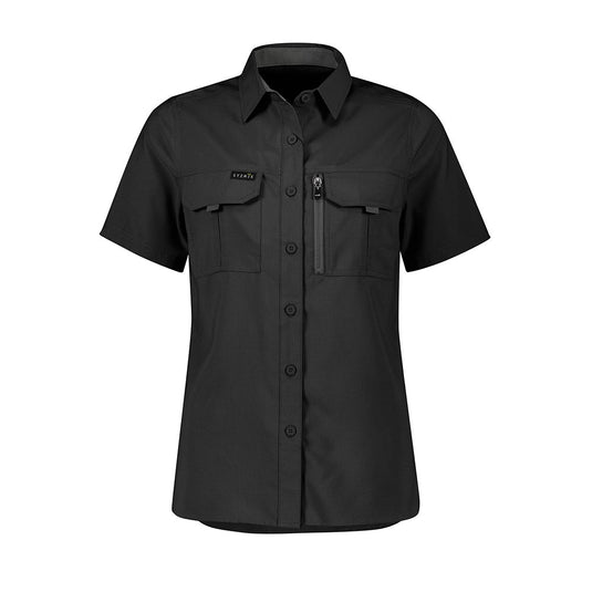 Syzmik Womens Outdoor Short Sleeve Shirt, made of lightweight polyester ripstop, features extra-large underarm mesh, upper back venting, and multiple pockets, designed for breathability and easy packing. Ideal for active, safety-focused wear.