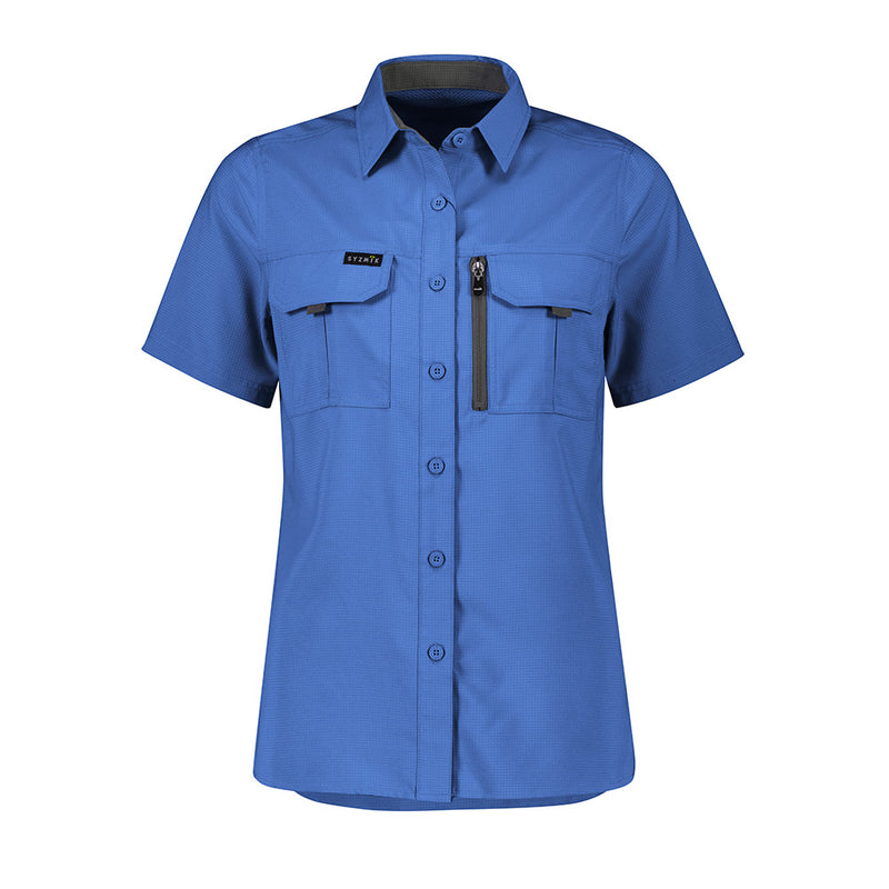 Load image into Gallery viewer, Syzmik Womens Outdoor Short Sleeve Shirt, designed for durability and breathability, features mesh underarms and back vents, crinkle-resistant fabric, two chest pockets, and a mobile phone zip pocket.