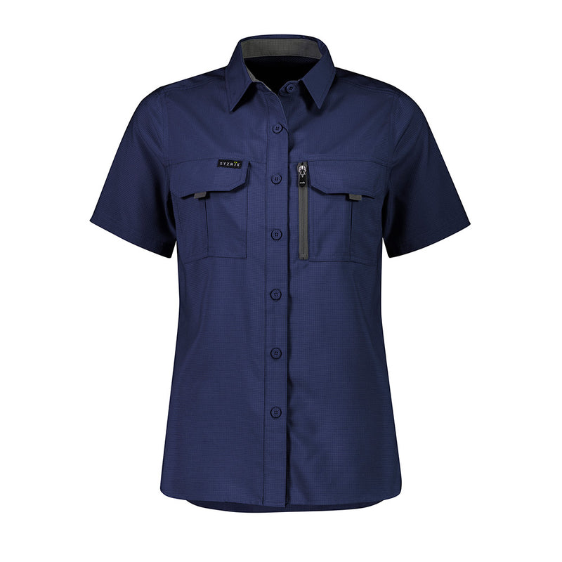 Load image into Gallery viewer, Syzmik Womens Outdoor Short Sleeve Shirt, featuring breathable polyester ripstop fabric with underarm mesh and back venting, two chest pockets, and a mobile phone zip pocket, ideal for active safety needs.