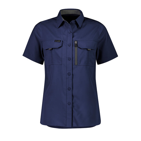 Syzmik Womens Outdoor Short Sleeve Shirt, featuring breathable polyester ripstop fabric with underarm mesh and back venting, two chest pockets, and a mobile phone zip pocket, ideal for active safety needs.