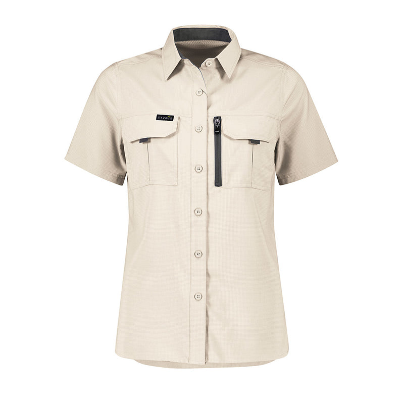 Load image into Gallery viewer, Syzmik Womens Outdoor Short Sleeve Shirt features breathable polyester fabric with underarm mesh and back venting, two chest pockets, and a phone zip pocket, ideal for active, safety-focused environments.