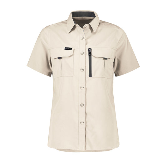 Syzmik Womens Outdoor Short Sleeve Shirt features breathable polyester fabric with underarm mesh and back venting, two chest pockets, and a phone zip pocket, ideal for active, safety-focused environments.