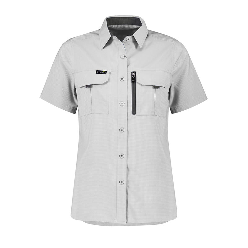 Load image into Gallery viewer, Syzmik Womens Outdoor Short Sleeve Shirt, featuring breathable polyester ripstop fabric with underarm mesh, upper back venting, and multiple chest pockets, designed for lightweight comfort and practicality in active environments.