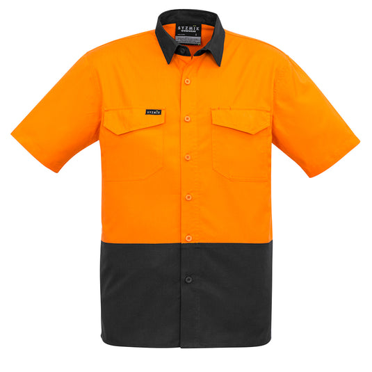 Syzmik Rugged Cooling Hi Vis S/S Work Shirt featuring black and orange design, visible mesh venting for breathability, and chest pockets with pen partition, ideal for safety-focused work environments.