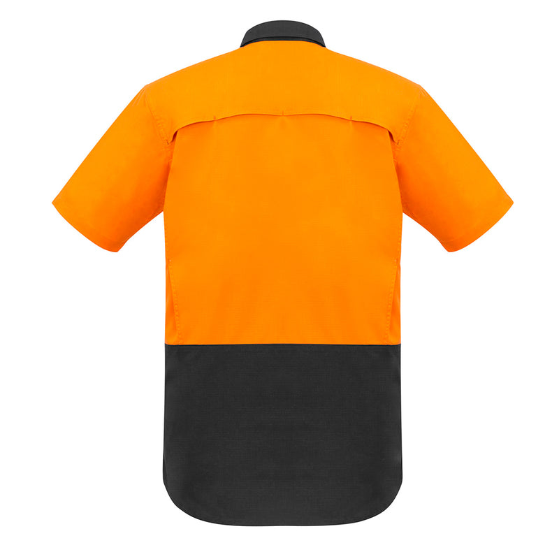 Load image into Gallery viewer, Syzmik Rugged Cooling Hi Vis S/S Work Shirt, featuring a back view with mesh venting for breathability, showcasing two chest pockets with pen partition and reinforced stress points, ideal for active work environments.