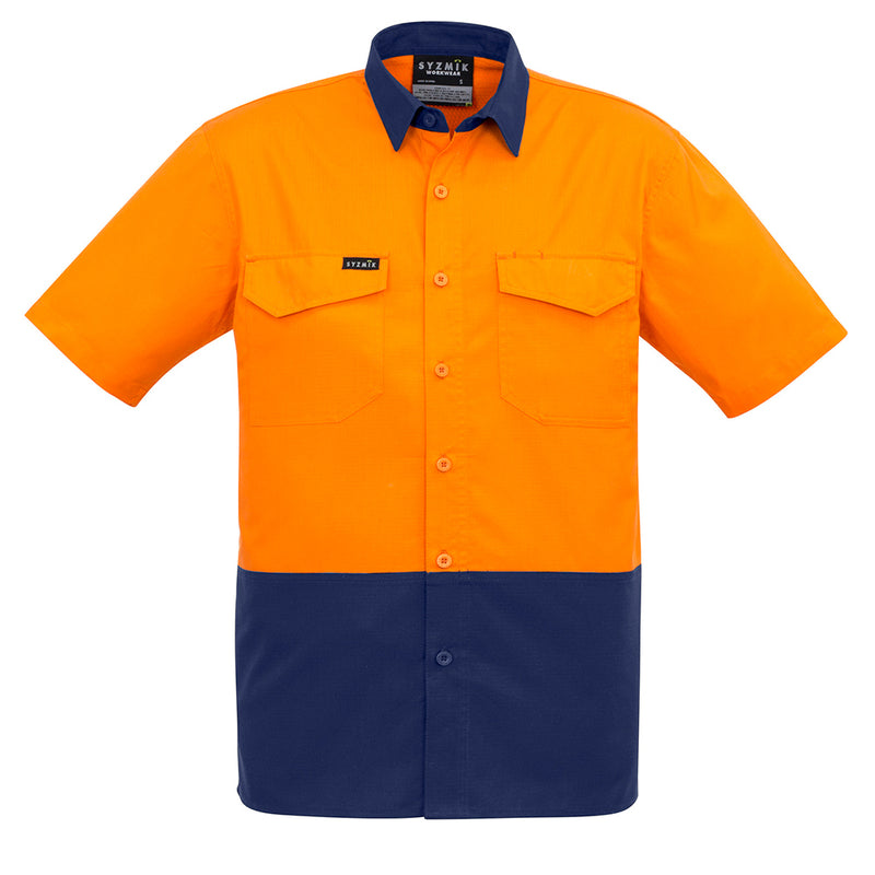 Load image into Gallery viewer, Syzmik Rugged Cooling Hi Vis S/S Work Shirt featuring a blue and orange design, with a durable collar and two chest pockets; ideal for active safety environments requiring breathable, flexible workwear.