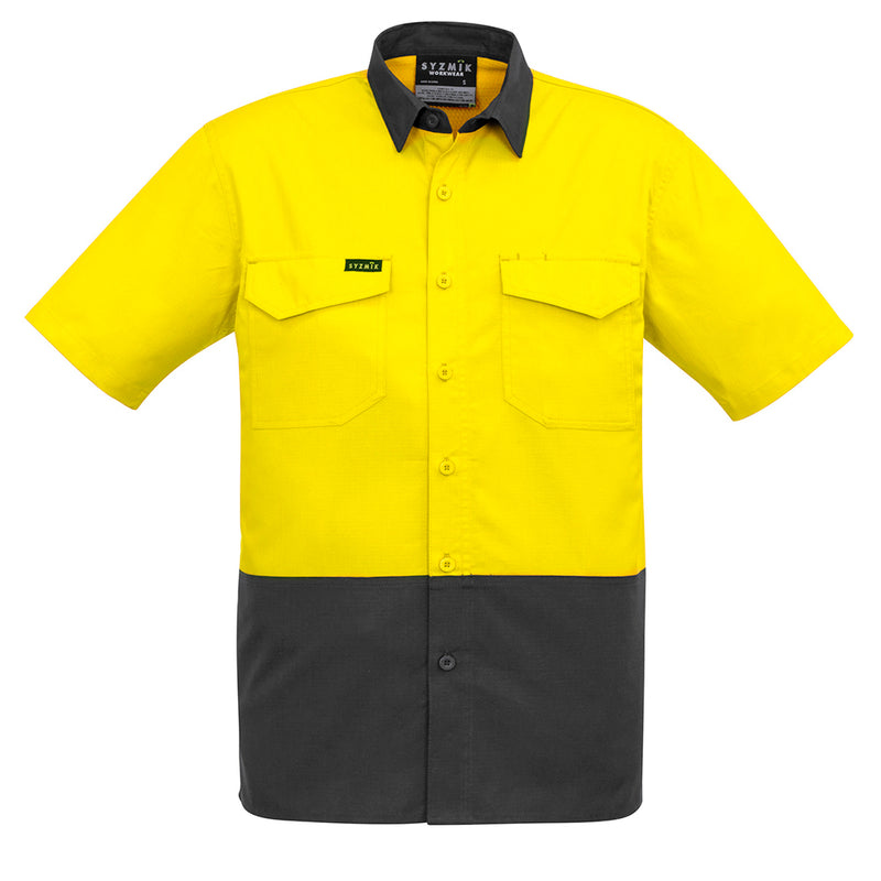 Load image into Gallery viewer, Syzmik Rugged Cooling Hi Vis S/S Work Shirt featuring short sleeves, mesh venting for breathability, and dual chest pockets with pen partition, designed for durability and ease of movement in safety-focused environments.