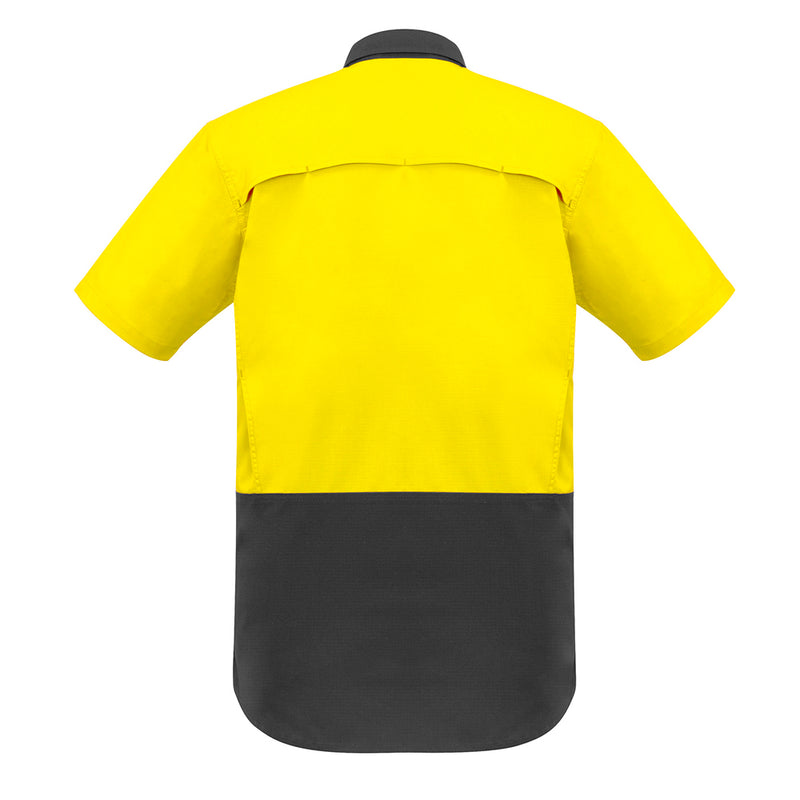 Load image into Gallery viewer, Syzmik Rugged Cooling Hi Vis S/S Work Shirt featuring mesh venting for breathability, mechanical stretch, and dual chest pockets with pen partition, ideal for active and safety-focused work environments.