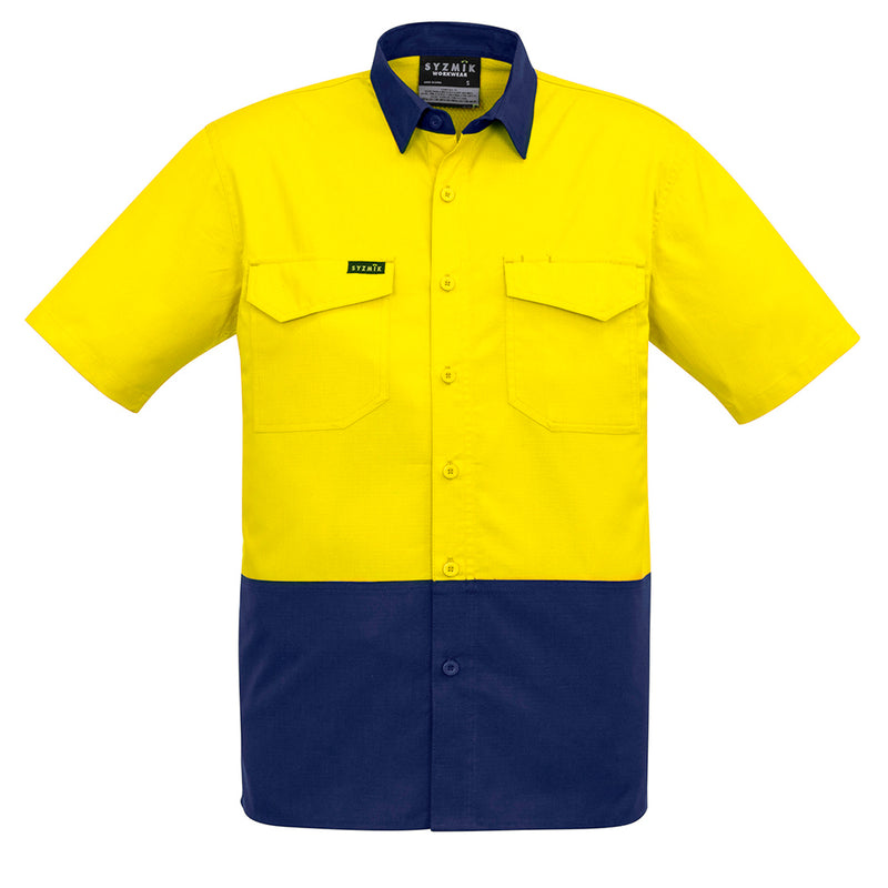 Load image into Gallery viewer, Syzmik Rugged Cooling Hi Vis S/S Work Shirt, featuring short sleeves and mesh venting for breathability, with chest pockets and reinforced stress points, ideal for workplace safety and comfort.