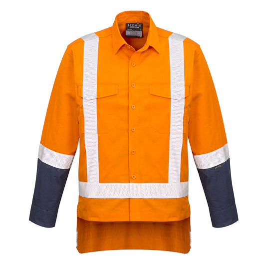 Syzmik Rugged Cooling TTMC-W17 L/S Work Shirt featuring long sleeves, white stripes, and dual chest pockets. Engineered with breathable mesh venting and reinforced stress points for enhanced durability and comfort.