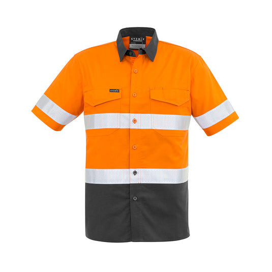 Syzmik Hi Vis Rugged Cooling Taped Shirt with white stripes, featuring vented mesh for breathability, reinforced stress points, and modern fit. Ideal workwear from Active Safety for enhanced mobility and comfort.