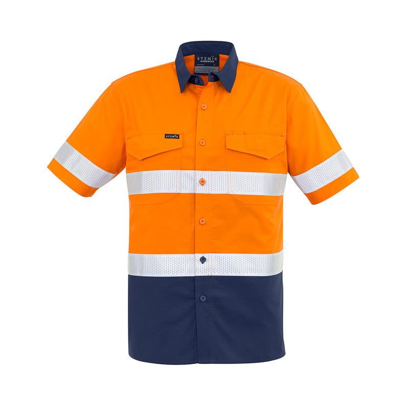 Load image into Gallery viewer, Syzmik Hi Vis Rugged Cooling Taped Shirt features a modern fit with mesh venting for breathability, two chest pockets with pen partition, and reinforced stress points.