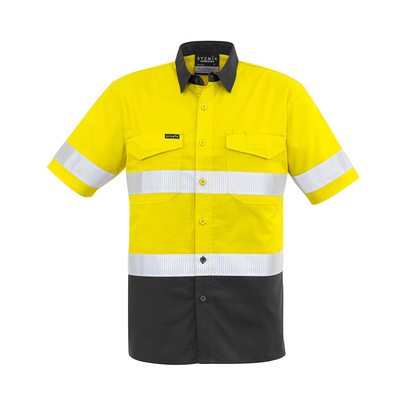 Load image into Gallery viewer, Syzmik Hi Vis Rugged Cooling Taped Shirt featuring white stripes, mesh venting for breathability, two chest pockets with pen partition, and reinforced stress points, ideal for workwear and high-visibility needs.