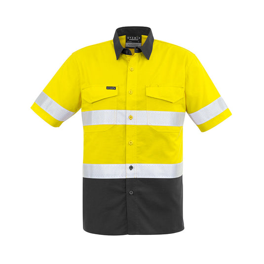 Syzmik Hi Vis Rugged Cooling Taped Shirt featuring white stripes, mesh venting for breathability, two chest pockets with pen partition, and reinforced stress points, ideal for workwear and high-visibility needs.
