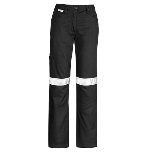 Syzmik Womens Taped Utility Trouser featuring black pants with white reflective stripes, reinforced heel and pocket patches, wide belt loops, and triple-stitched seams, ideal for workplace safety.