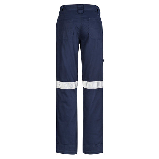 Syzmik Womens Taped Utility Trouser featuring reflective tape, reinforced heel and pocket patches, wide belt loops, and triple-stitched seams, ideal for workplace safety and durability.