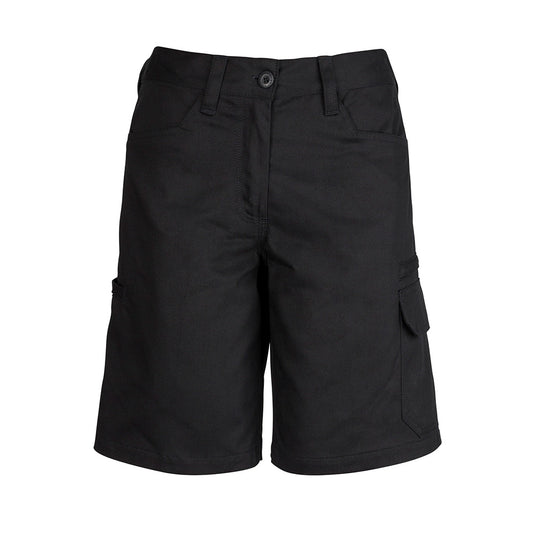 Syzmik Womens Plain Utility Shorts with reinforced double-layer pocket patches, wide belt loops, and triple-stitched seams, ideal for durability and practicality in active work environments.