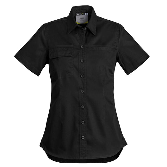 Syzmik Womens Lightweight Tradie S/S Shirt featuring a collar and buttons, with a visible label. Designed with a button flap pocket, welt pocket, and underarm vent eyelets for optimal comfort and style.