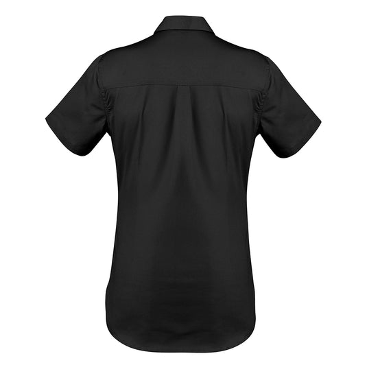 Syzmik Womens Lightweight Tradie S/S Shirt displayed on a mannequin, showcasing its short sleeves, darted feminine fit, and practical chest pockets, ideal for safety and work environments.