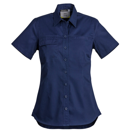Syzmik Womens Lightweight Tradie S/S Shirt featuring a button flap pocket and welt chest pocket, underarm vent eyelets, and darted feminine fit, ideal for safety and comfort in work environments.