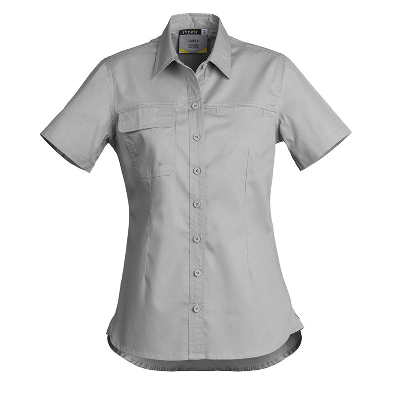 Load image into Gallery viewer, Syzmik Womens Lightweight Tradie S/S Shirt featuring a collar, button flap pocket, welt pocket, and underarm vent eyelets, designed with triple-stitched seams and a darted fit for optimal workplace comfort.