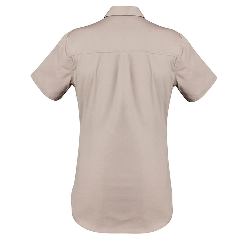 Load image into Gallery viewer, Back view of the Syzmik Womens Lightweight Tradie S/S Shirt showcasing short sleeves, triple-stitched seams, and underarm vent eyelets, tailored for a feminine fit with a center back yoke pleat.