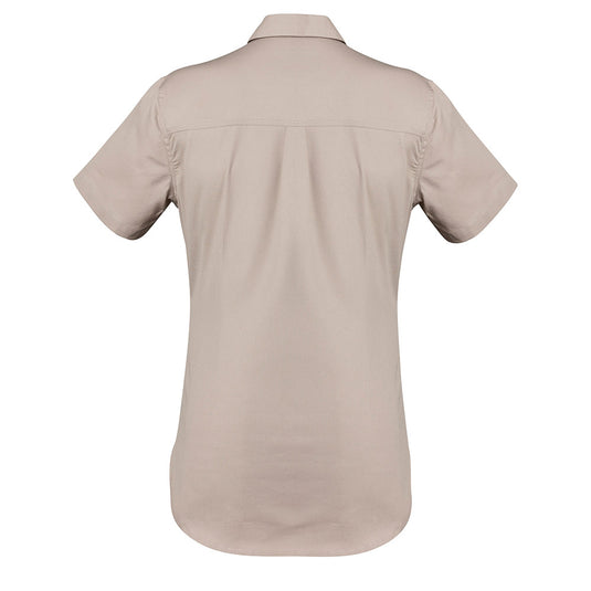 Back view of the Syzmik Womens Lightweight Tradie S/S Shirt showcasing short sleeves, triple-stitched seams, and underarm vent eyelets, tailored for a feminine fit with a center back yoke pleat.