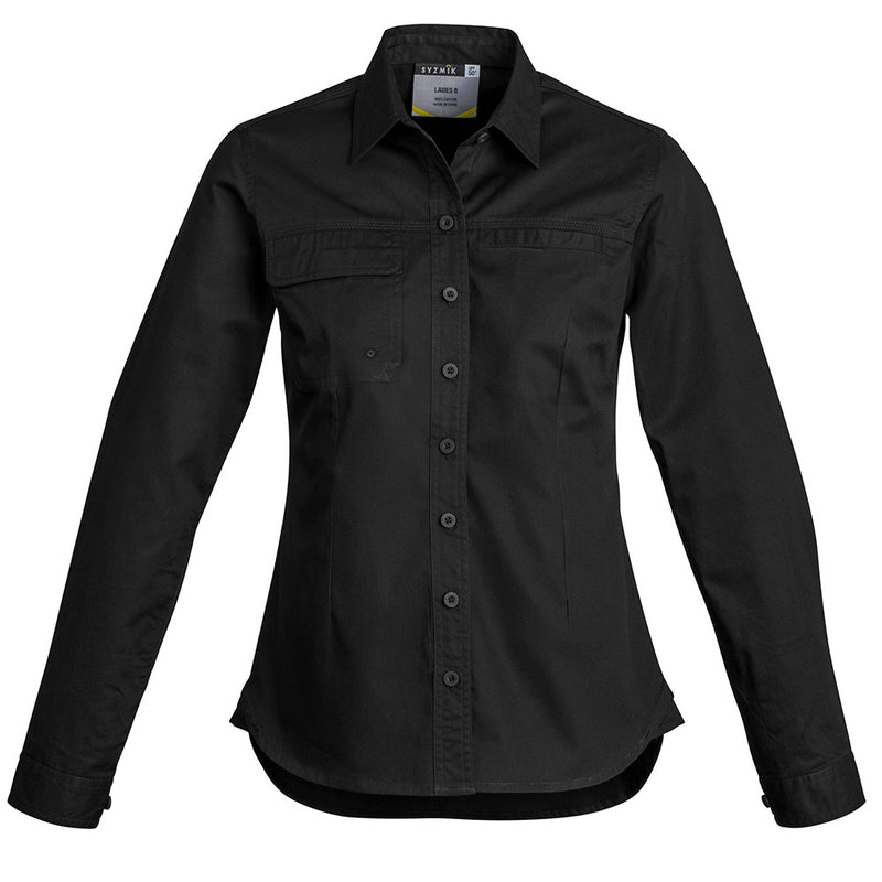 Load image into Gallery viewer, Syzmik Womens Lightweight L/S Work Shirt featuring a black long-sleeved design with button details, chest pockets, and underarm vent eyelets, showcasing a functional and stylish choice for workplace safety attire.