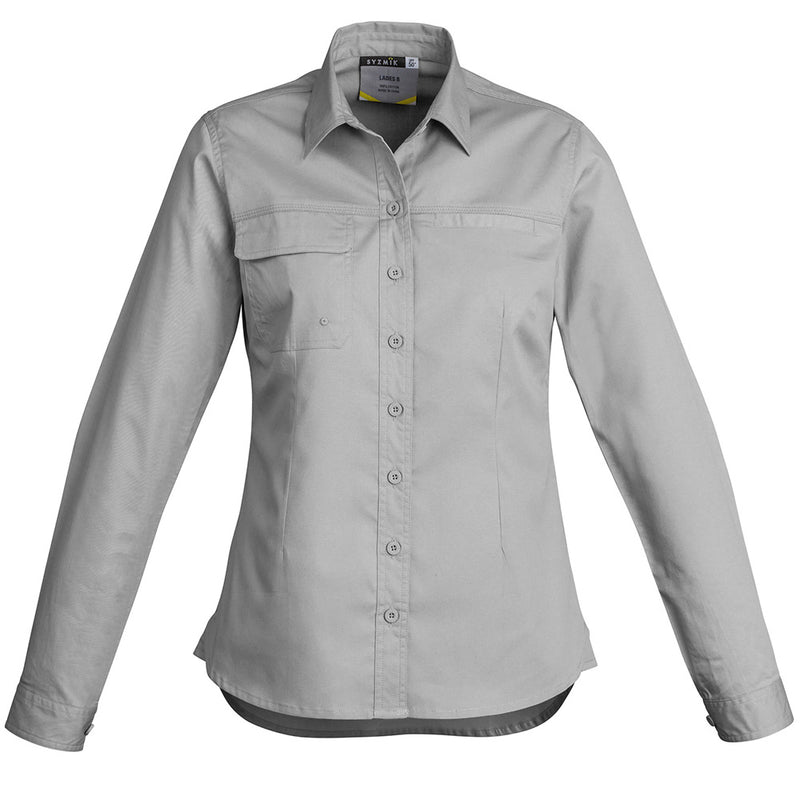 Load image into Gallery viewer, Syzmik Womens Lightweight L/S Work Shirt featuring long sleeves, a button flap pocket, underarm vent eyelets, and a curved hem, designed for comfort in demanding work environments.