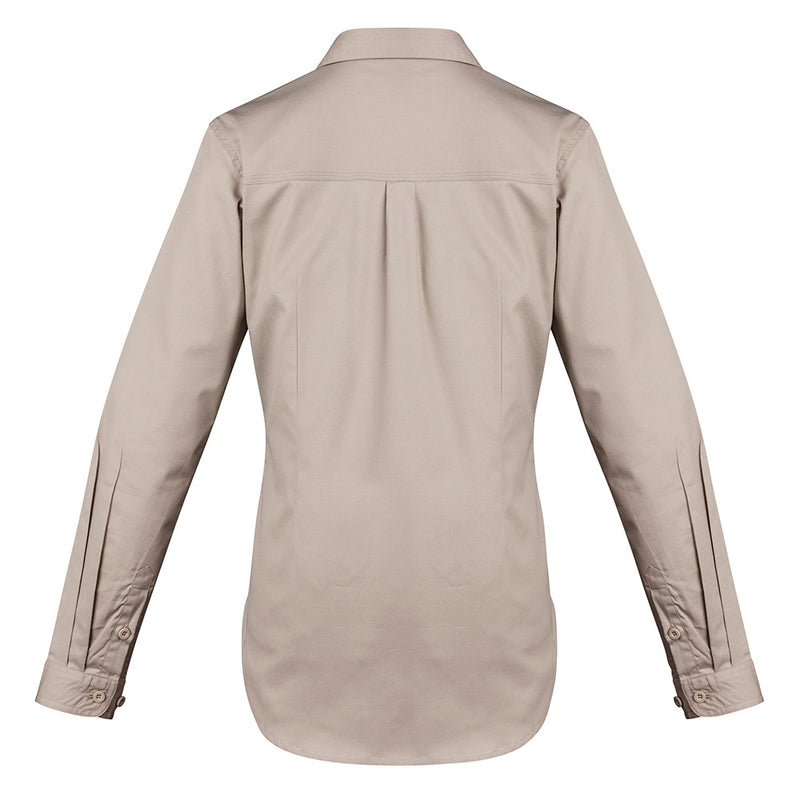 Load image into Gallery viewer, Syzmik Womens Lightweight L/S Work Shirt featuring 100% cotton twill, triple-stitched seams, chest pockets, underarm vents, and a feminine fit, ideal for workplace safety and comfort.