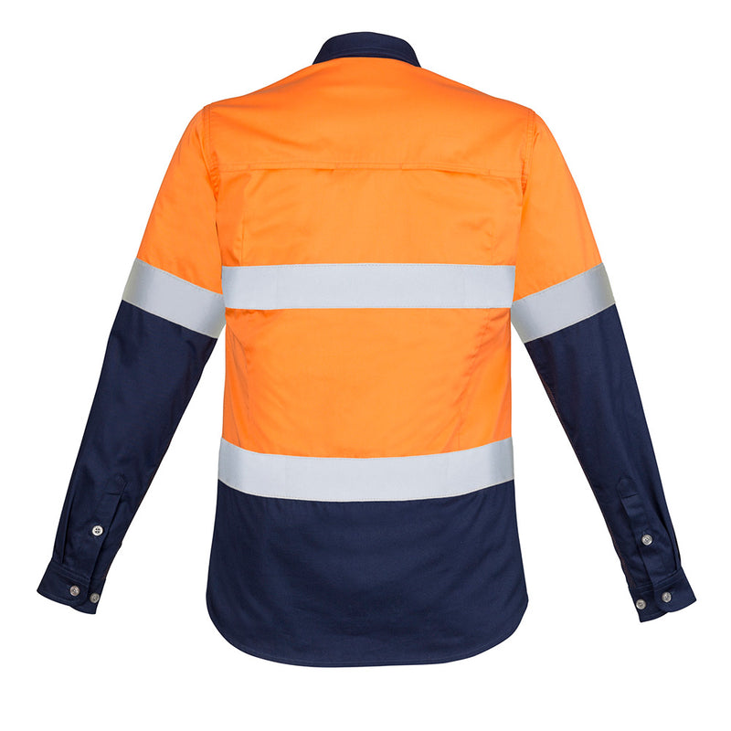Load image into Gallery viewer, Syzmik Womens Hi Vis Industrial Work Shirt, featuring long sleeves and an extended back for added coverage, designed with mesh vents and reflective tape for enhanced safety and comfort in work environments.