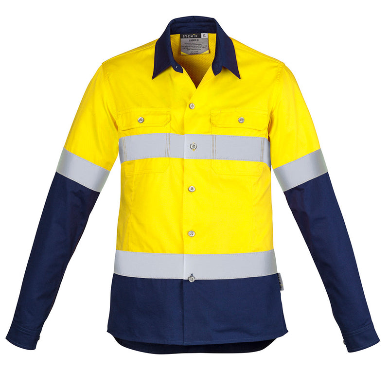Load image into Gallery viewer, Syzmik Womens Hi Vis Industrial Work Shirt featuring reflective stripes, mesh vent inserts, and chest pockets, designed for durability and comfort in workplace settings.