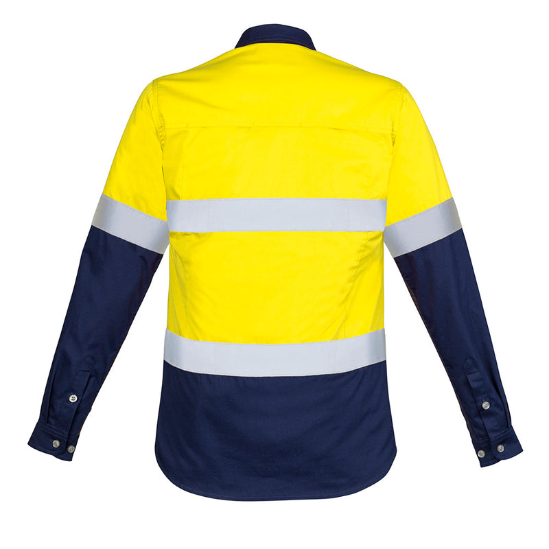 Load image into Gallery viewer, Syzmik Womens Hi Vis Industrial Work Shirt featuring reflective stripes, two chest pockets with button closures, and extended curve back. Designed for high-visibility and UV protection, ideal for industrial environments.